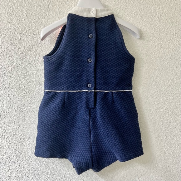♥️HP JANIE AND JACK Quilted Bloom Romper Sz 18-24 M Navy White Jumpsuit Flower - Picture 3 of 10
